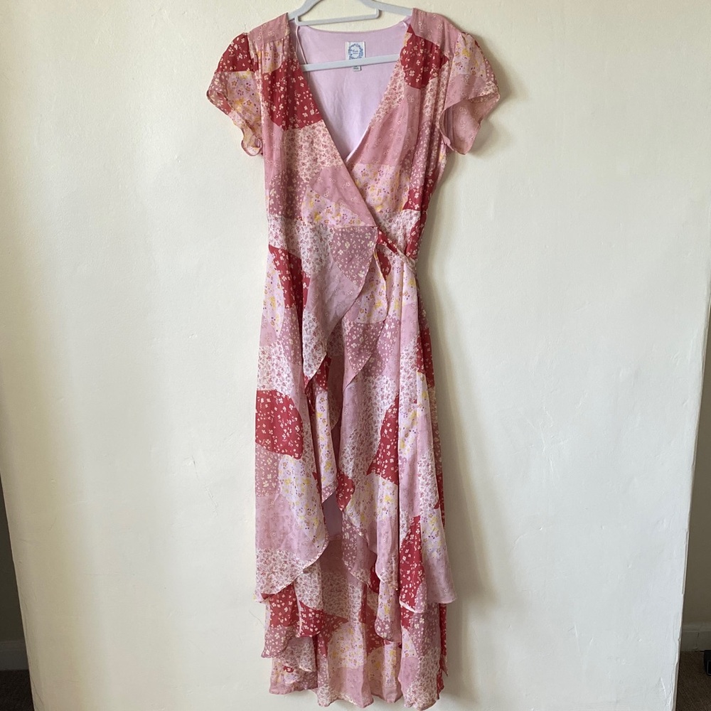 Blue Rain Pink & Red Floral Wrap Maxi High-Low Dress